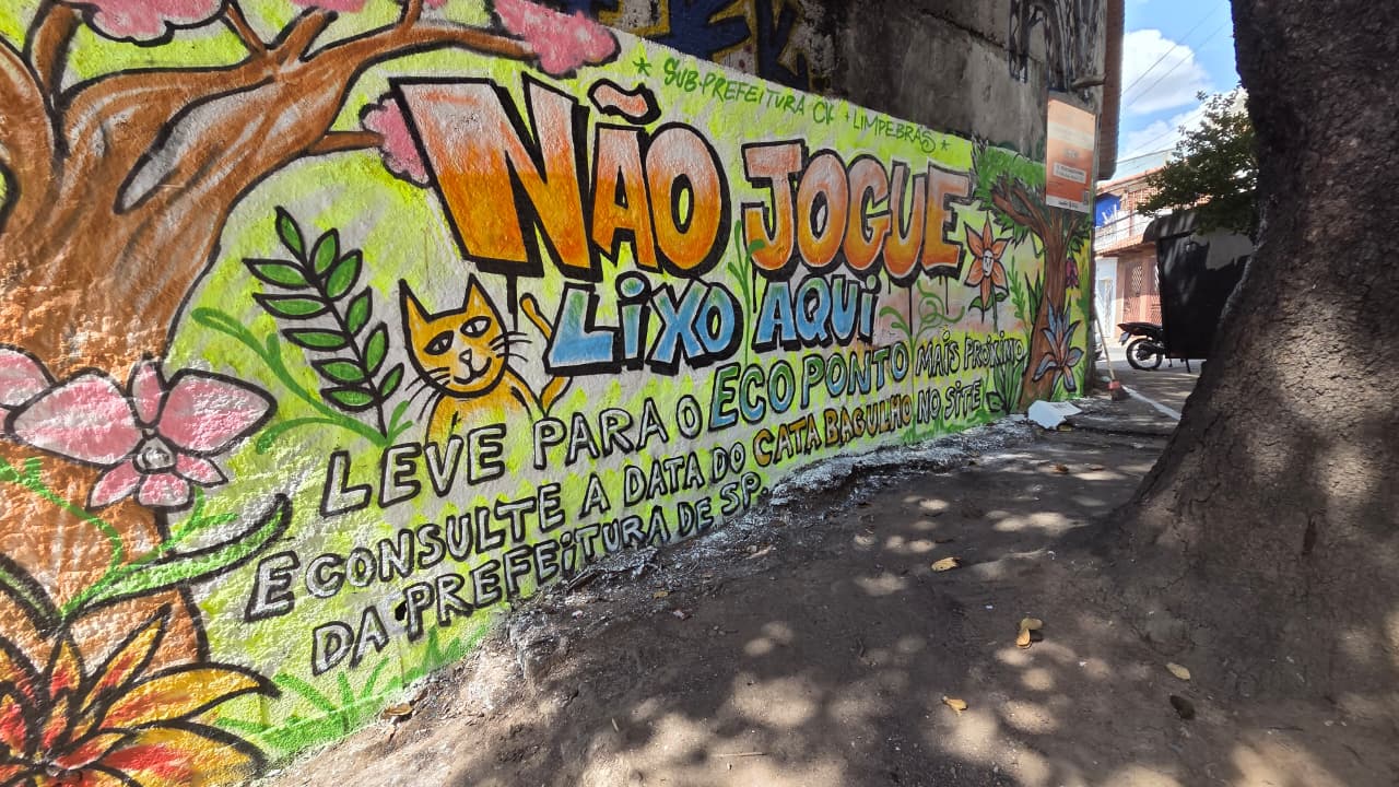 A imagem mostra  um mural colorido. No centro, há uma mensagem grande em letras destacadas: “NÃO JOGUE LIXO AQUI”, pintada em tons de laranja, azul e branco.  Ao redor do texto, há desenhos feitos à mão com estilo simples e alegre: flores grandes em rosa e amarelo, folhas verdes, uma árvore com tronco marrom e copa rosada, e um gato amarelo com expressão amigável. O fundo é claro, com várias cores vibrantes espalhadas, dando um aspecto artístico e comunitário.  Abaixo da frase principal, há mais texto orientando as pessoas a levarem o lixo a um “ecoponto” e a consultarem informações sobre coleta no site da prefeitura de São Paulo.  À direita da imagem, vê-se a continuação da rua: uma calçada com sombra de árvore, folhas caídas no chão, um tronco de árvore em primeiro plano e algumas casas simples ao fundo. A cena é iluminada pela luz do dia, com sombras indicando sol forte.