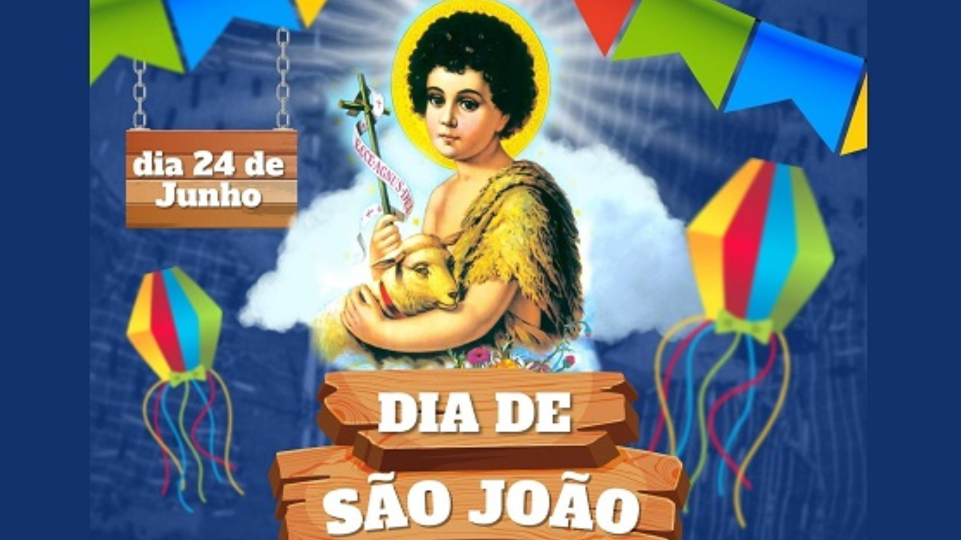 Imagem simbólica de São João decorada com bandeirinhas coloridas de festa junina. 