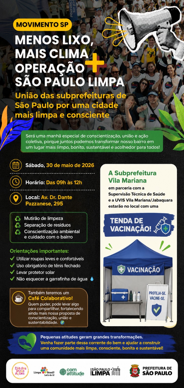 Esta imagem é um cartaz publicitário digital, predominantemente em tons de preto, verde e amarelo, que convoca a população para uma ação comunitária e ambiental na cidade de São Paulo. No topo do cartaz, há um cabeçalho vibrante com fundo amarelo e letras maiúsculas brancas e pretas onde se lê: