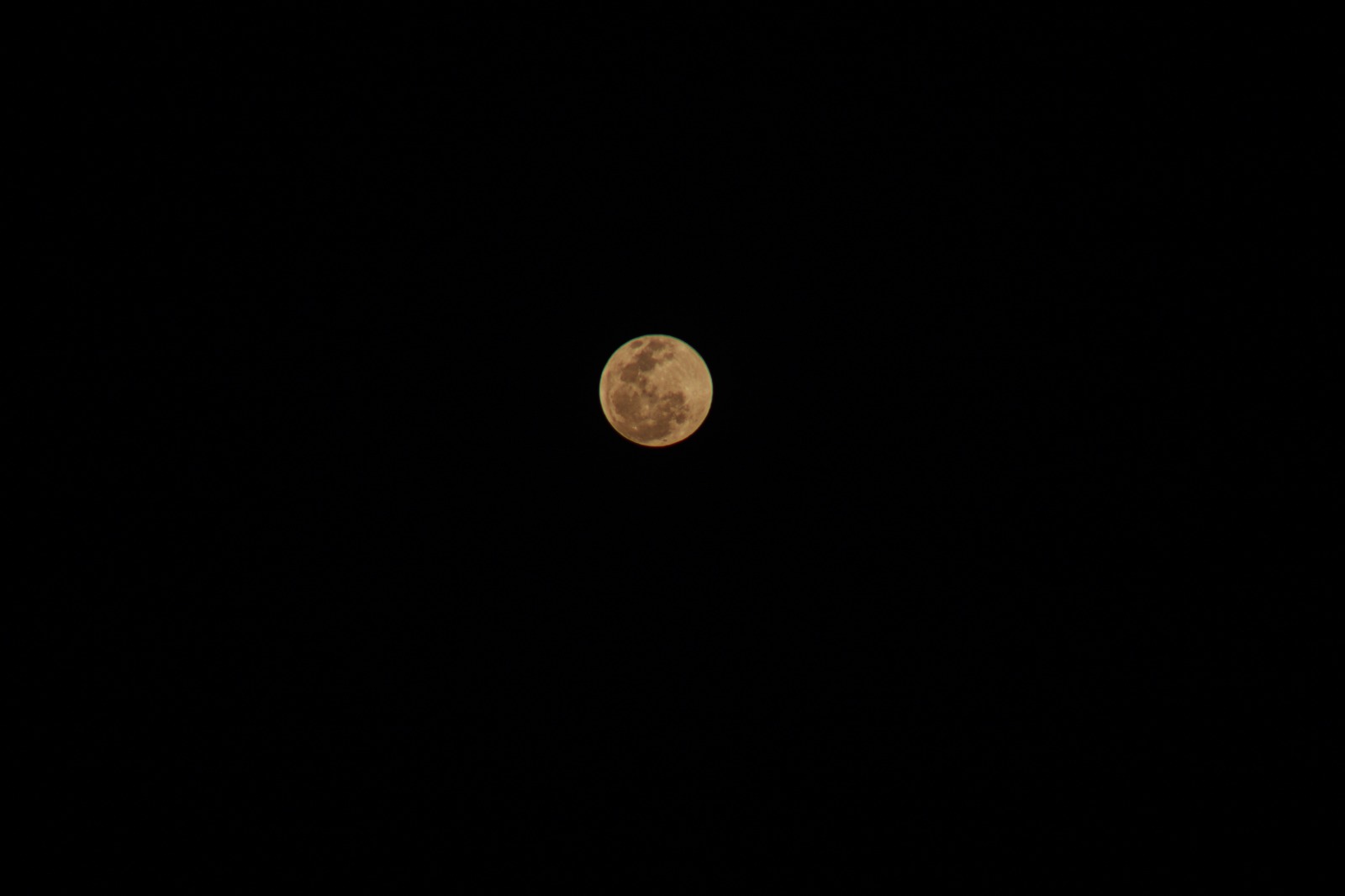 Foto de uma lua quase cheia, amarelada e com crateras visíveis, centralizada em meio a um céu escuro. 