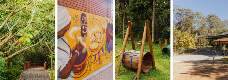Mosaico com quatro fotos de um espaço ao ar livre. A primeira mostra uma trilha cercada por vegetação densa e uma pequena ponte de madeira. A segunda exibe um mural colorido com figuras tocando instrumentos. A terceira apresenta brinquedos de madeira em um gramado. A quarta mostra uma área aberta com árvores e uma construção ao fundo, em ambiente tranquilo e arborizado