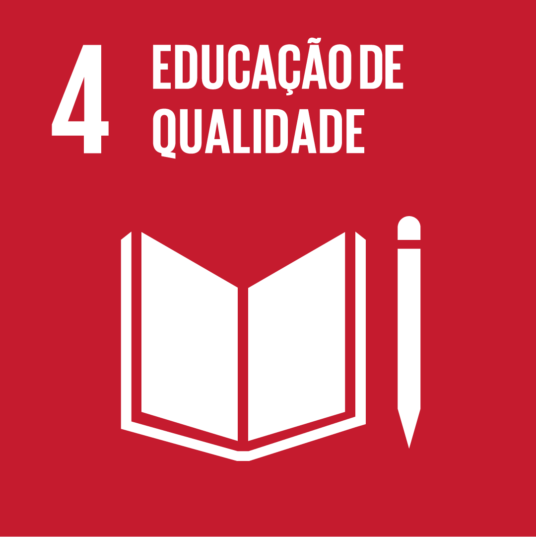 A imagem mostra o ícone da ODS 4 “cidades e comunidades sustentáveis”, representada por um ícone amarelo, com o desenho de prédios e casas brancas