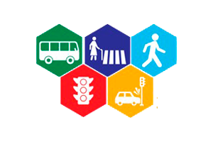 Ícones coloridos de ônibus, idoso, faixa, pedestre, semáforo e carro.