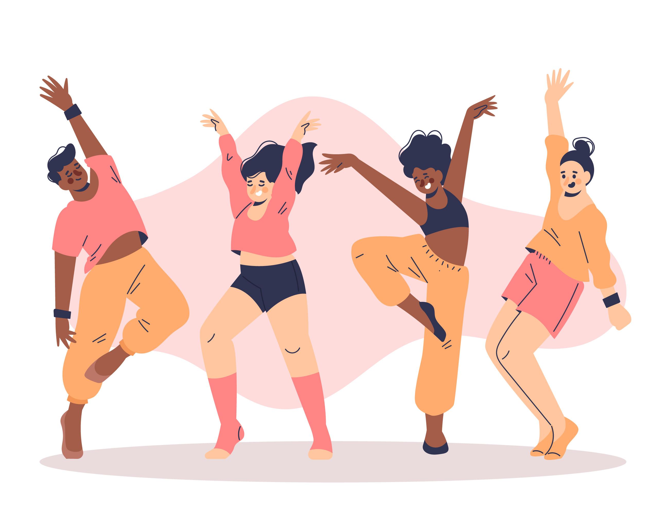 A imagem é um desenho representando quatro pessoas dançando
